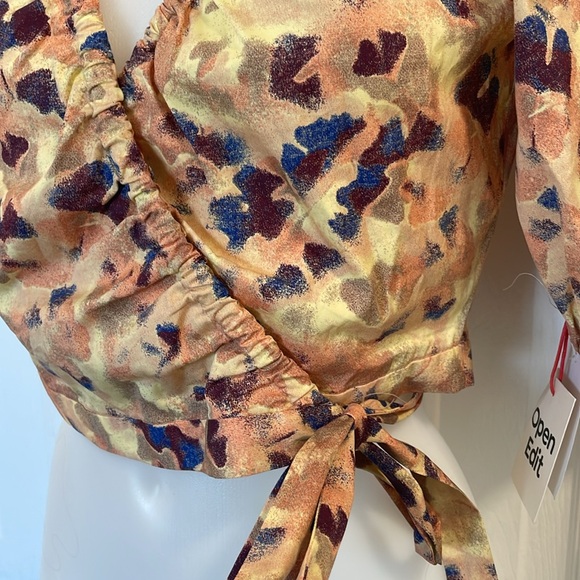 OPEN EDIT YELLOW MELLOW GINKO FLORAL MUTED WRAP CROP TOP BLOUSE SIDE TIE SZ XS - Picture 5 of 13